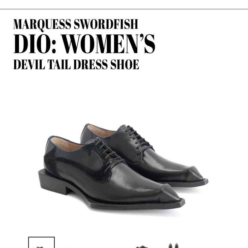 LAST Fluevog Swordfish Dio Devil Tail Dress Shoes Size 7 Black Leather Like New